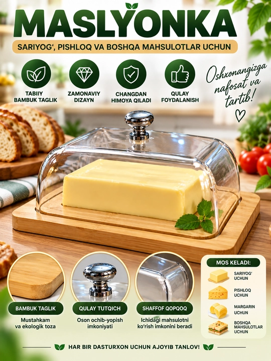 Маслёнка для масла и сыра, с прозрачной акриловой крышкой и основой из нержавейки
