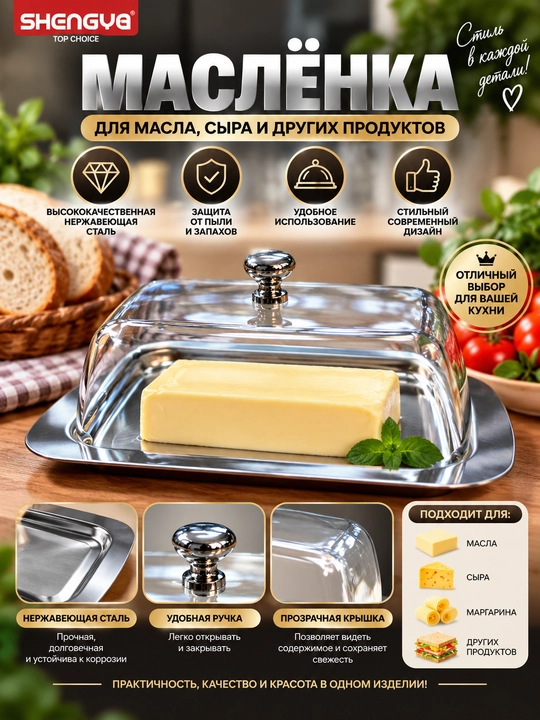 Маслёнка для масла и сыра, с прозрачной акриловой крышкой и основой из нержавейки