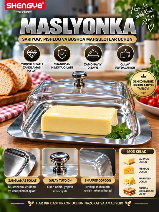 Маслёнка для масла и сыра, с прозрачной акриловой крышкой и основой из нержавейки