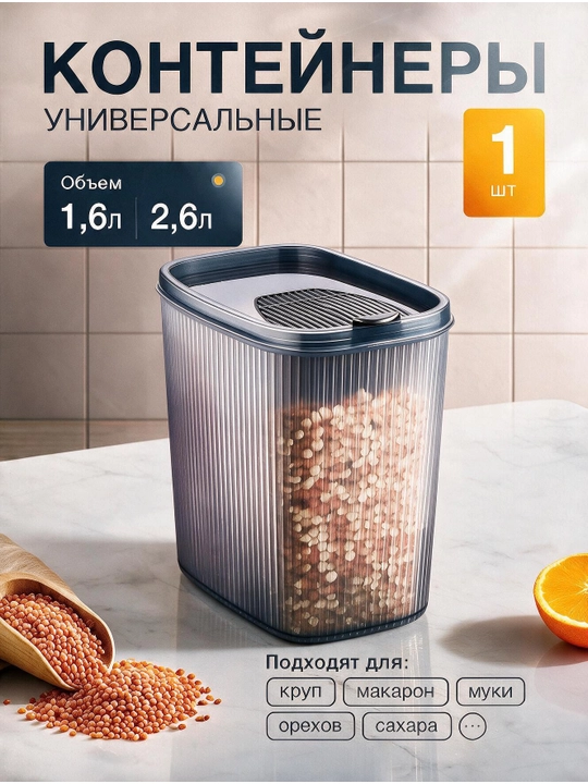 Контейнер пластиковый, для хранения сыпучих продуктов, круп, порошка, бытовой химии - 