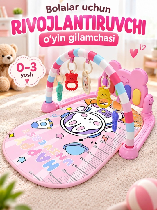 Piano va osma o‘yinchoqlar bilan kichkintoylar uchun rivojlantiruvchi musiqiy gilamcha