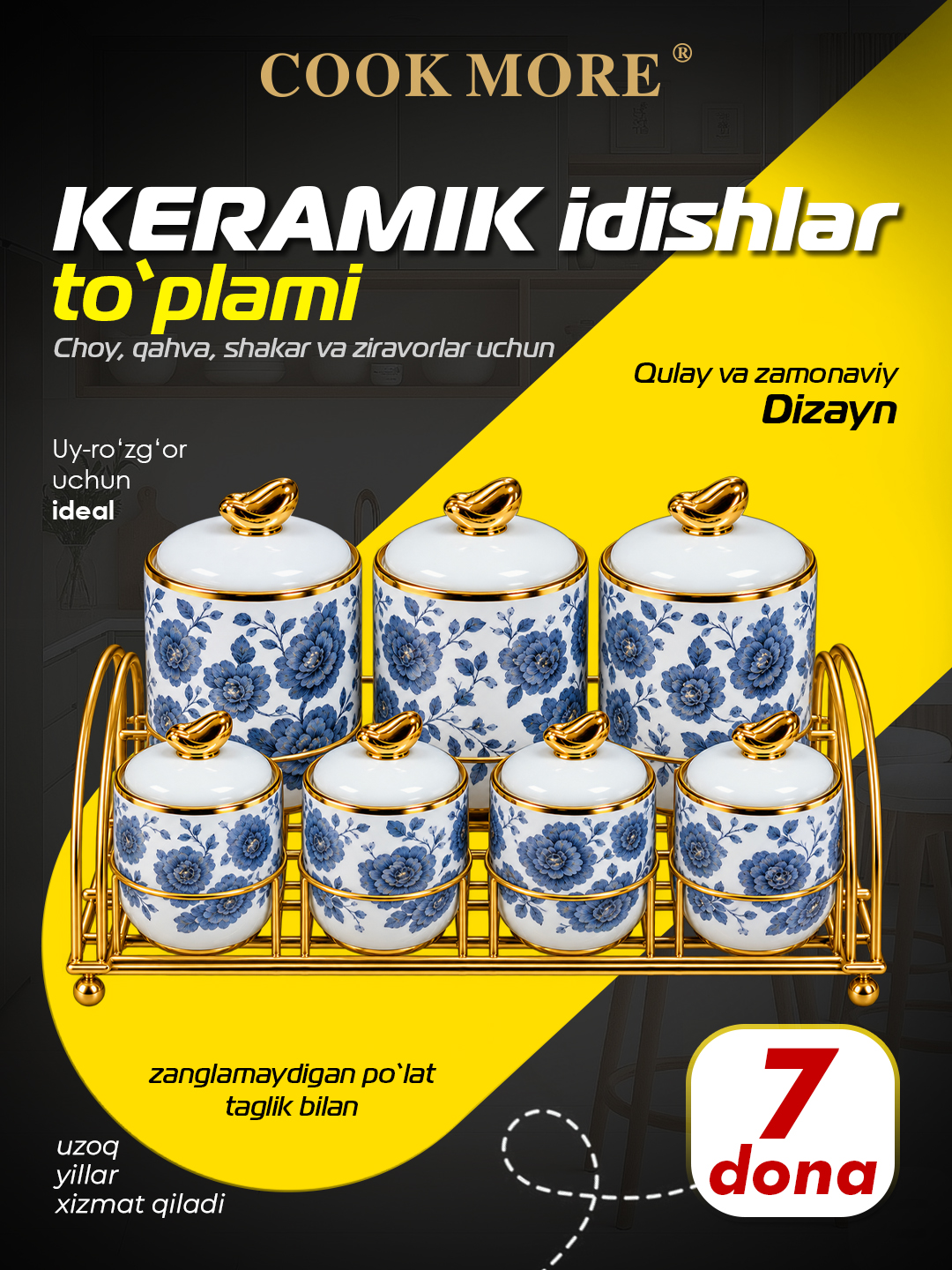 Ziravorlar choy qahva va shakar uchun COOK MORE keramik bankalar to‘plami 7 ta - 