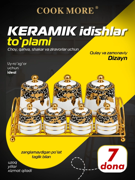 Ziravorlar choy qahva va shakar uchun COOK MORE keramik bankalar to‘plami 7 ta - 