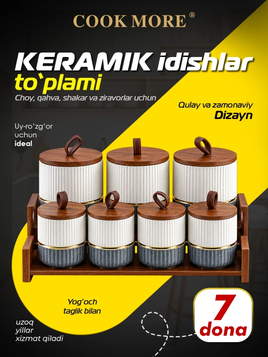 Ziravorlar choy qahva va shakar uchun COOK MORE keramik bankalar to‘plami 7 ta - 