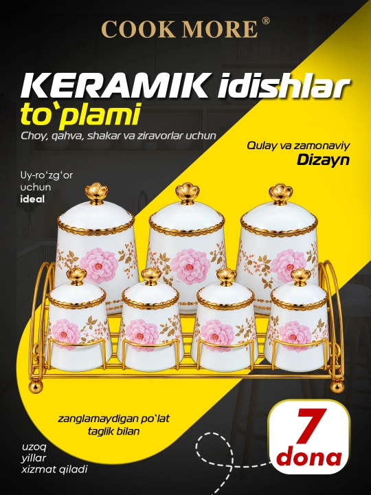 Ziravorlar choy qahva va shakar uchun COOK MORE keramik bankalar to‘plami 7 ta - 