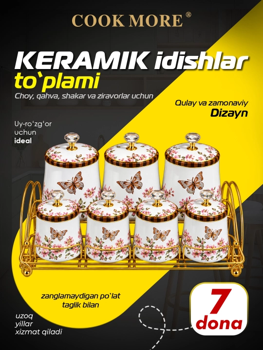 Ziravorlar choy qahva va shakar uchun COOK MORE keramik bankalar to‘plami 7 ta - 