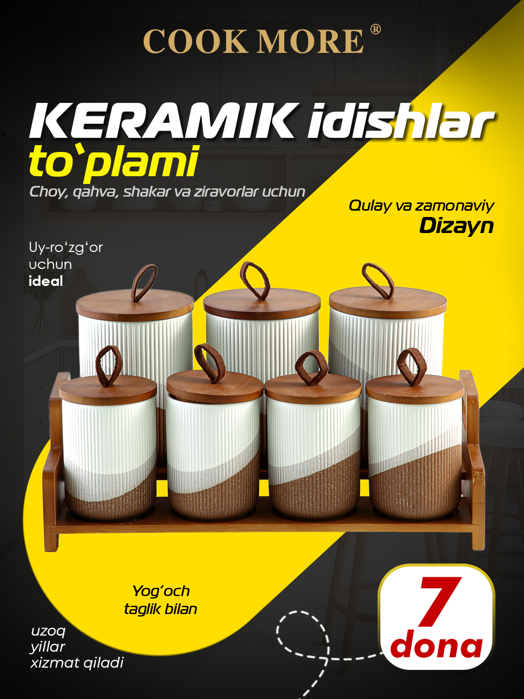 Ziravorlar choy qahva va shakar uchun COOK MORE keramik bankalar to‘plami 7 ta - 