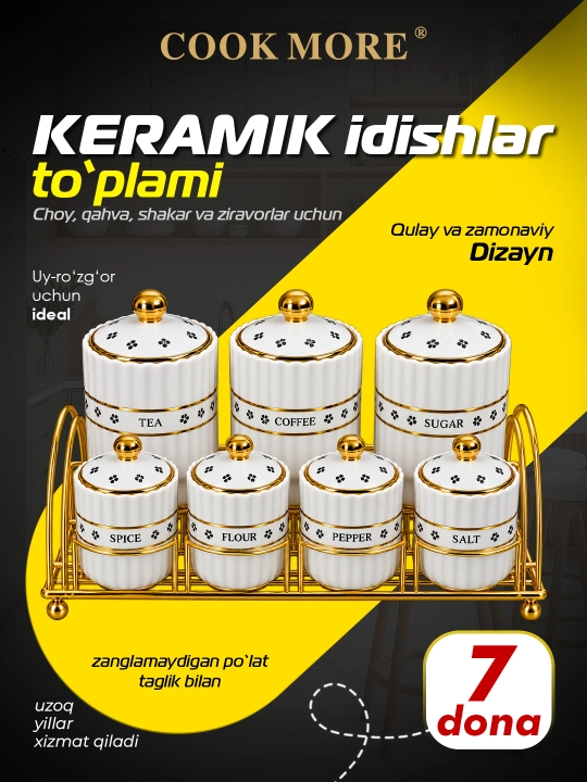 Ziravorlar choy qahva va shakar uchun COOK MORE keramik bankalar to‘plami 7 ta - 