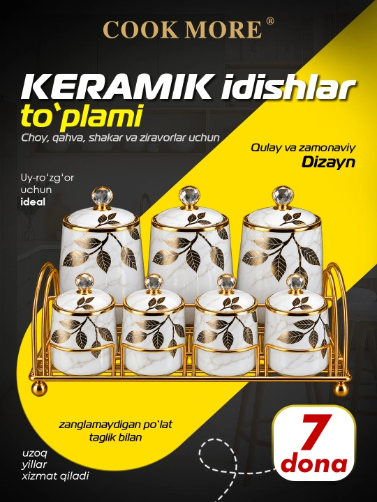 Ziravorlar choy qahva va shakar uchun COOK MORE keramik bankalar to‘plami 7 ta - 