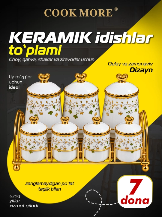 Ziravorlar choy qahva va shakar uchun COOK MORE keramik bankalar to‘plami 7 ta - 