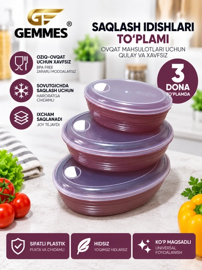 Saqlash idishlari to‘plami GEMMES, oval, 3 dona - 