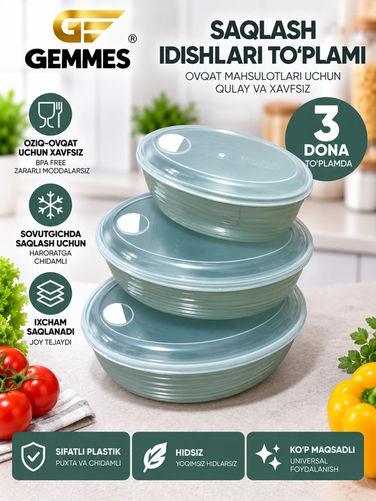 Saqlash idishlari to‘plami GEMMES, oval, 3 dona - 