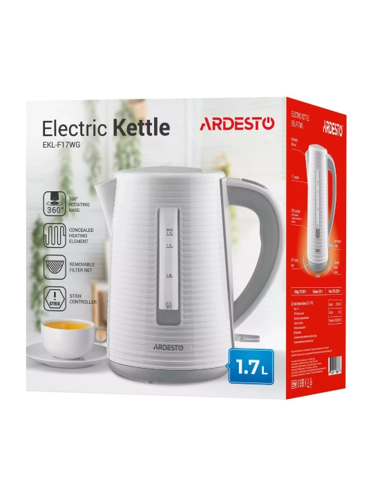Электрочайник Ardesto EKL-F17WG, 1.7л, 2150Вт, Strix, бело-серый
