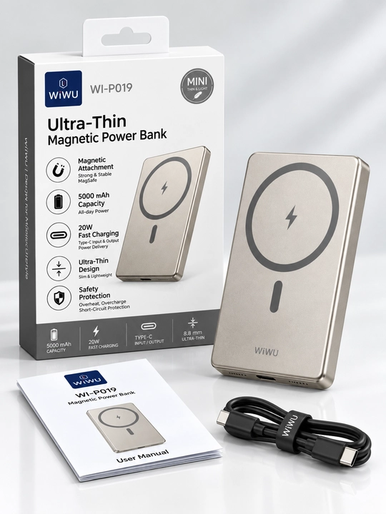 WiWU WI-P020 10000 mAh magnitli Power Bank, simsiz zaryadlash, 22.5W, Type-C