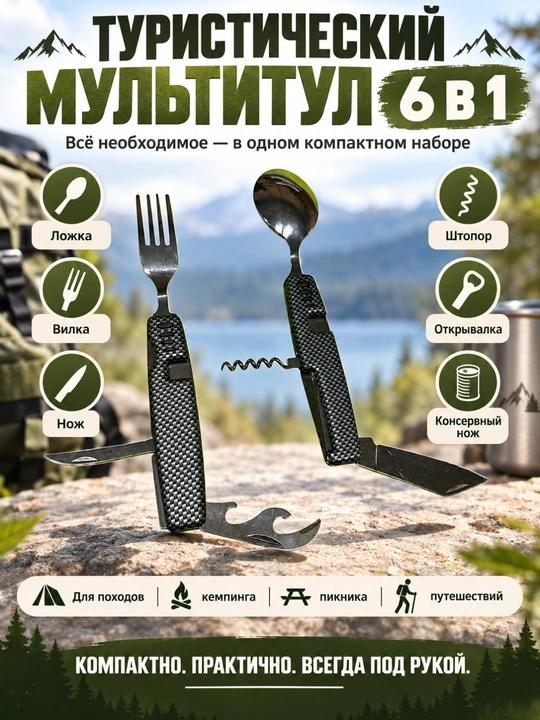 Туристический столовый мультитул, ложка, вилка, нож, открывалка и штопор - 