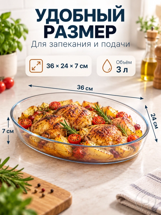 Стеклянная форма для запекания 3 л, для блюд и выпечки, 36 × 24 × 7 см xp-2-6