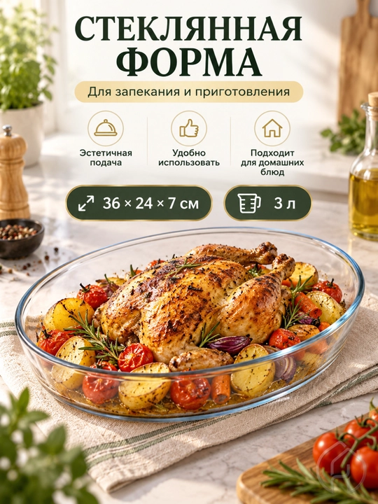 Стеклянная форма для запекания 3 л, для блюд и выпечки, 36 × 24 × 7 см xp-2-6