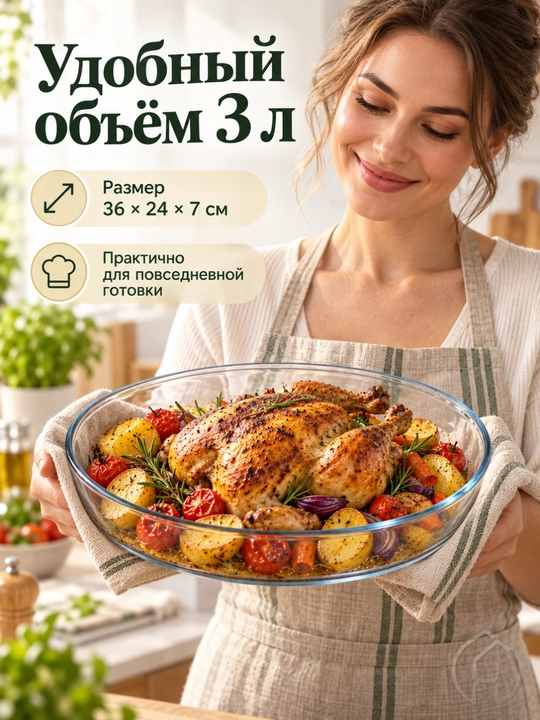Стеклянная форма для запекания 3 л, для блюд и выпечки, 36 × 24 × 7 см xp-2-6