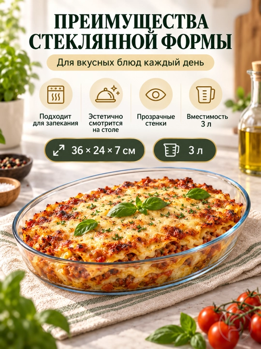 Стеклянная форма для запекания 3 л, для блюд и выпечки, 36 × 24 × 7 см xp-2-6
