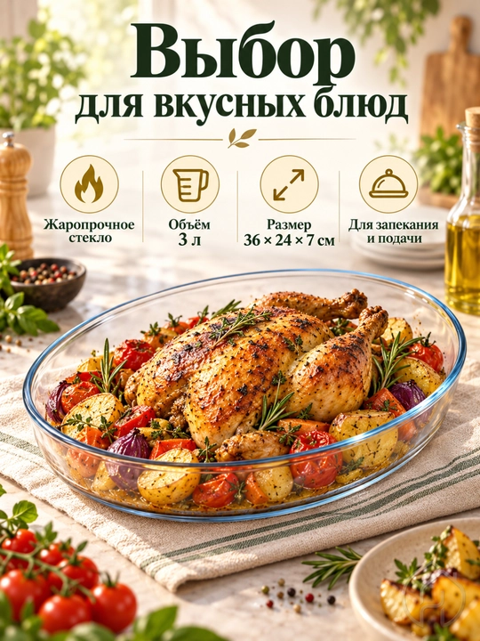 Стеклянная форма для запекания 3 л, для блюд и выпечки, 36 × 24 × 7 см xp-2-6 - 