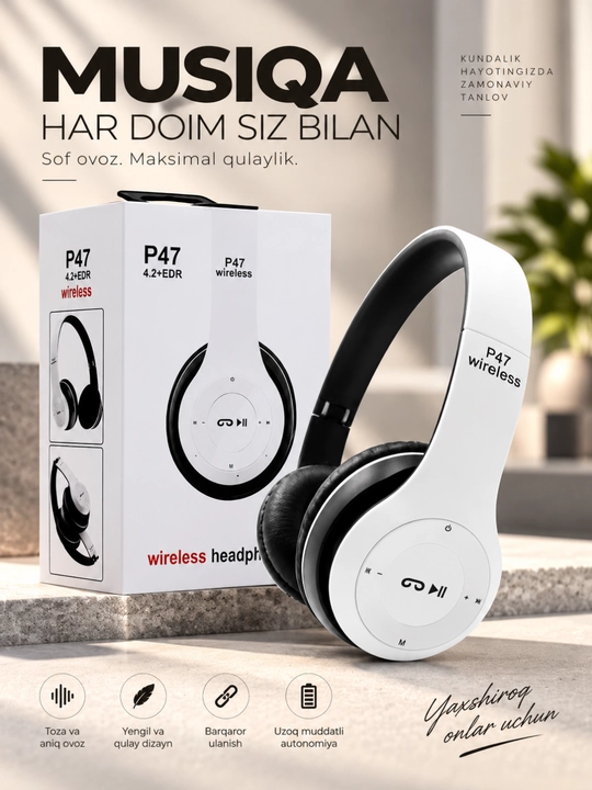Stereo ovoz, TF karta, AUX va mikrofonli P47 Bluetooth simsiz quloqchinlari - 
