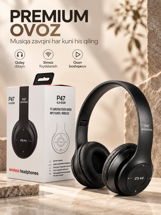 Stereo ovoz, TF karta, AUX va mikrofonli P47 Bluetooth simsiz quloqchinlari - 