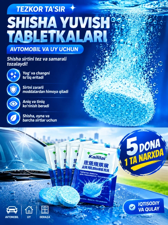 5 dona — 1 ta narxda Oynalar yuvish avto oynalari uchun tabletkalar tez erituvchi