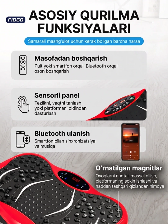 Vibroplatforma FIDGO, ozish va massaj uchun trenajyor, Bluetooth va pult bilan
