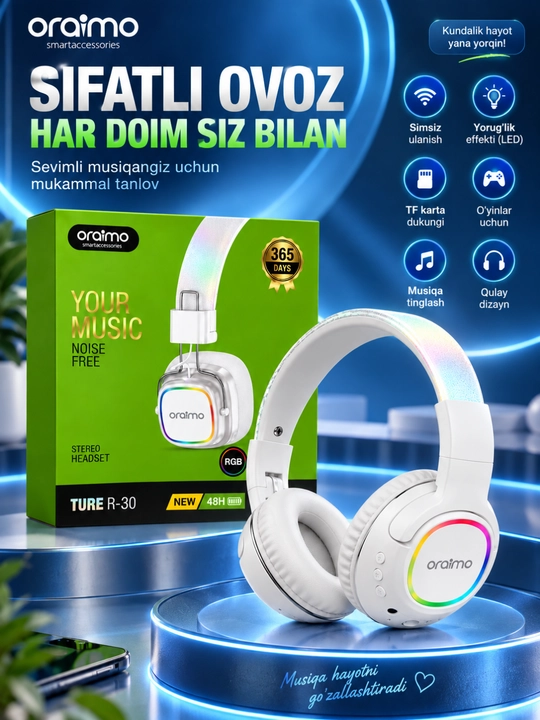 Oraimo ture r-30 simsiz bluetooth naushnik, rgb, mikrofon, stereo ovoz, 48 soat - 