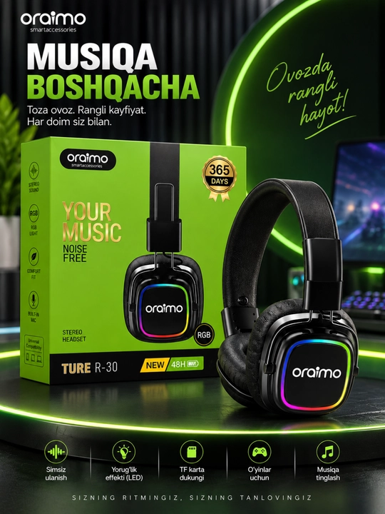 Oraimo ture r-30 simsiz bluetooth naushnik, rgb, mikrofon, stereo ovoz, 48 soat - 