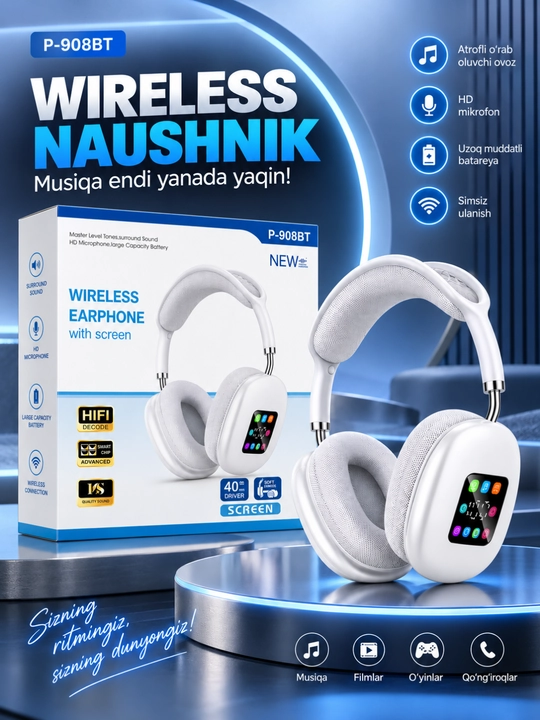 P-908BT simsiz Bluetooth sensorli ekran va mikrofonli quloqchinlar - 