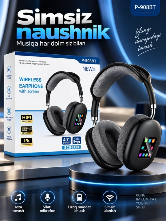 P-908BT simsiz Bluetooth sensorli ekran va mikrofonli quloqchinlar - 
