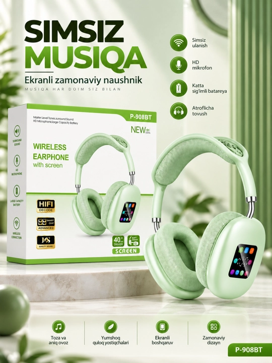 P-908BT simsiz Bluetooth sensorli ekran va mikrofonli quloqchinlar - 