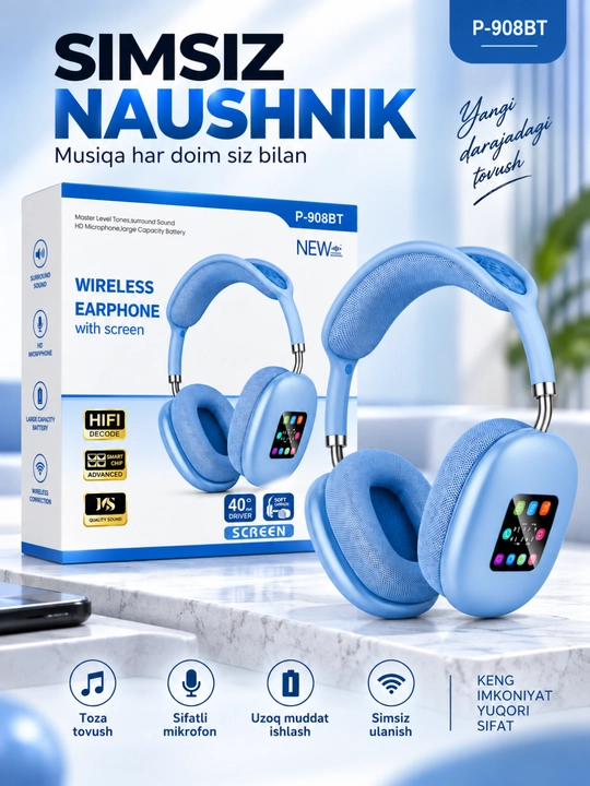 P-908BT simsiz Bluetooth sensorli ekran va mikrofonli quloqchinlar - 