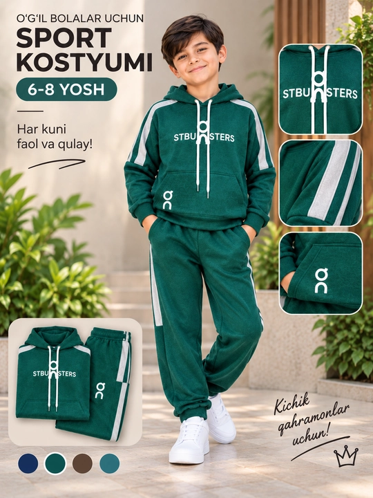 Спортивный костюм для мальчиков с капюшоном, 6–8 лет - 