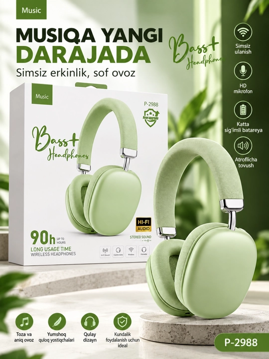 Bass+ p-2988 simsiz bluetooth quloqchin, hi-fi stereo, 90 soat batareya, buklanadigan - 