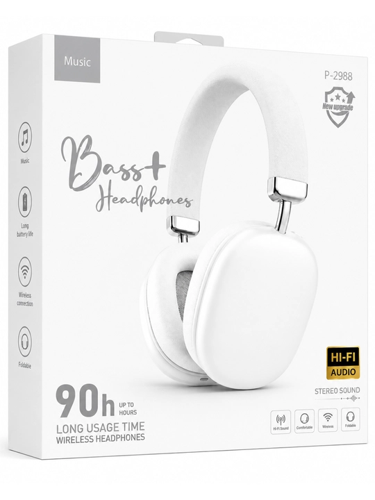 Bass+ p-2988 simsiz bluetooth quloqchin, hi-fi stereo, 90 soat batareya, buklanadigan