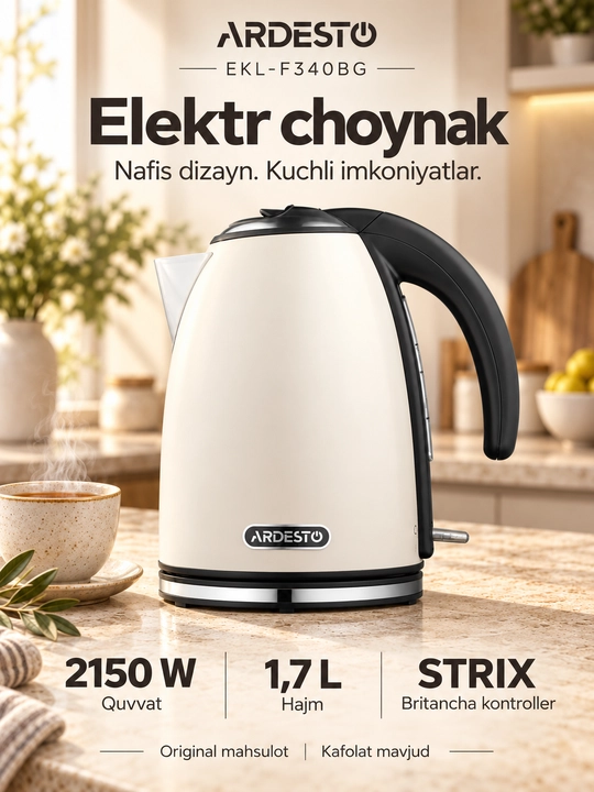 Электрочайник Ardesto EKL-F340BG, 1.7л, 2150Вт, Strix, нерж. сталь - 