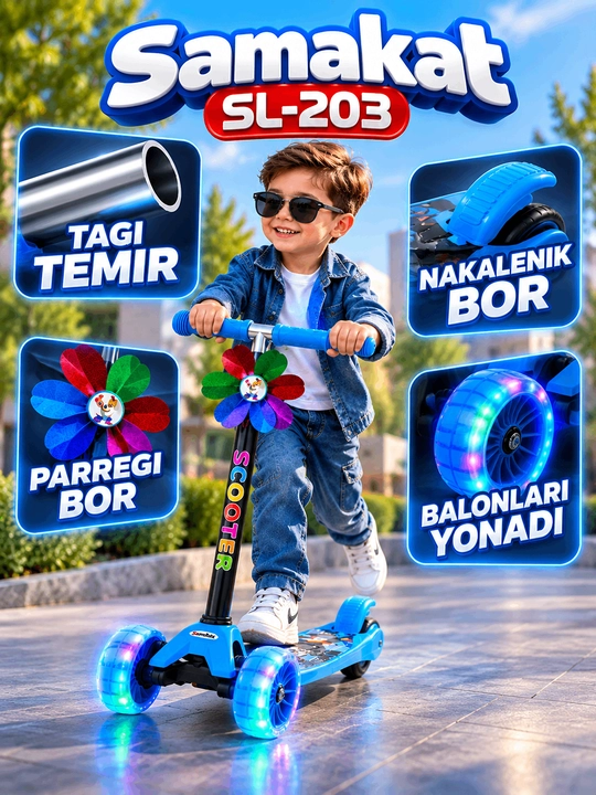 SL-203 SAMAKAT - yorqin led g‘ildirakli bolalar uch g‘ildirakli samoketi