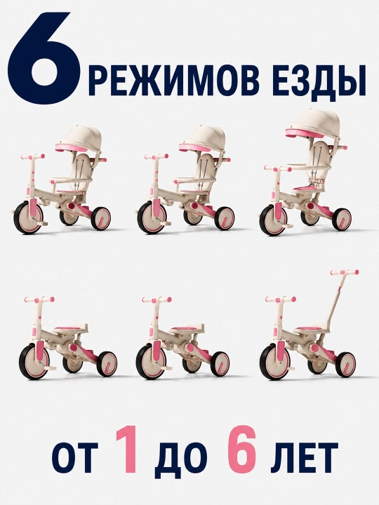 Трёхколёсная детская коляска-велосипед, трансформер, 6-в-1, для детей 1–6 лет