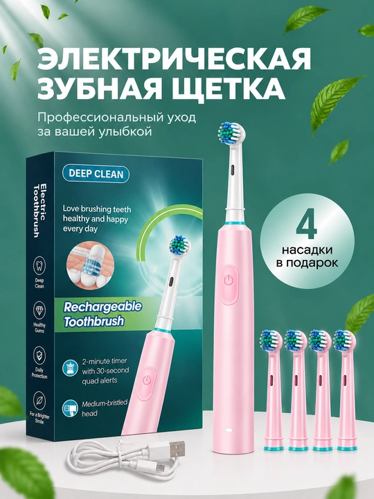 Электрическая зубная щетка, 6 режимов, 4 насадки, типа Oral-B, ультразвуковая, для детей - 