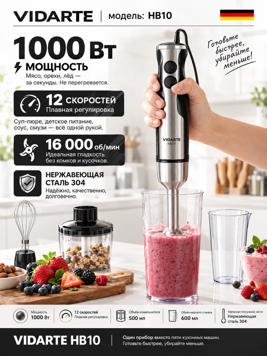 Quvvatli qol blenderi 1000 Vt 12 tezlik 16000 ayl/min 5 tasi 1 da VIDARTE oshxona toplami - 