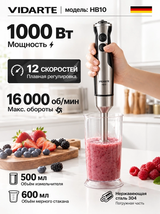 Quvvatli qol blenderi 1000 Vt 12 tezlik 16000 ayl/min 5 tasi 1 da VIDARTE oshxona toplami