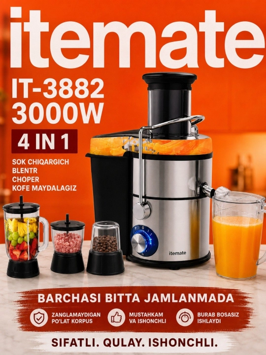 Соковыжималка 4 в 1, блендер, измельчитель и кофемолка, 3000 Вт - 