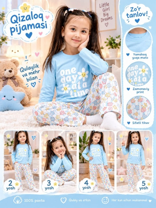 Qiz bolalar pijamasi Ziotto, bolalar uchun uy kiyimi, yumshoq paxtali pijama,  2–5 yosh - 