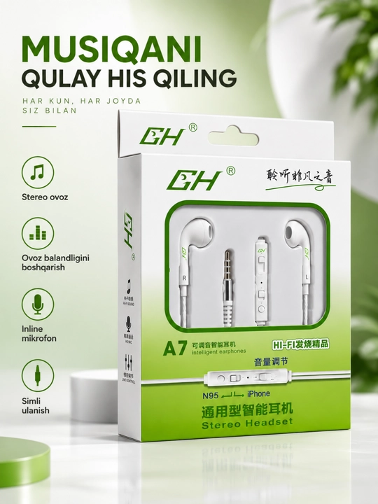 A7 stereo simli naushnik mikrofonli 3.5 mm quloqchin android va iPhone qurilmalari uchun - 
