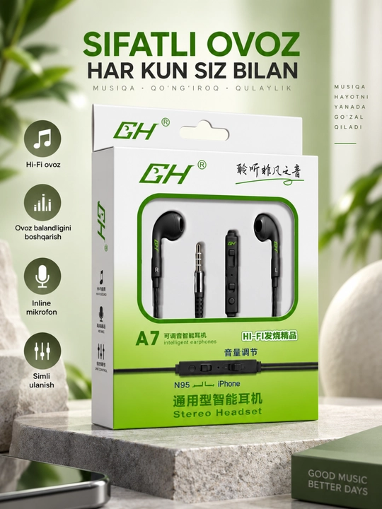 A7 stereo simli naushnik mikrofonli 3.5 mm quloqchin android va iPhone qurilmalari uchun - 