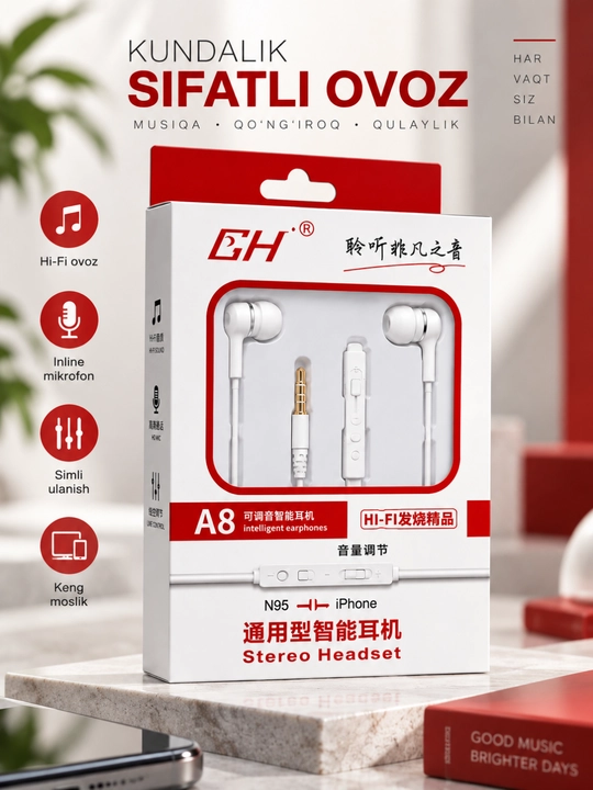 A8 stereo simli naushnik mikrofonli 3. 5 mm quloqchin android va iphone qurilmalari uchun - 