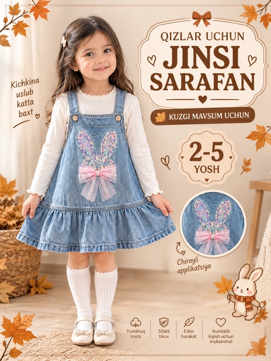 Qizlar uchun kuzgi jinsi sarafan,oʻlchami 2-5 yosh - 