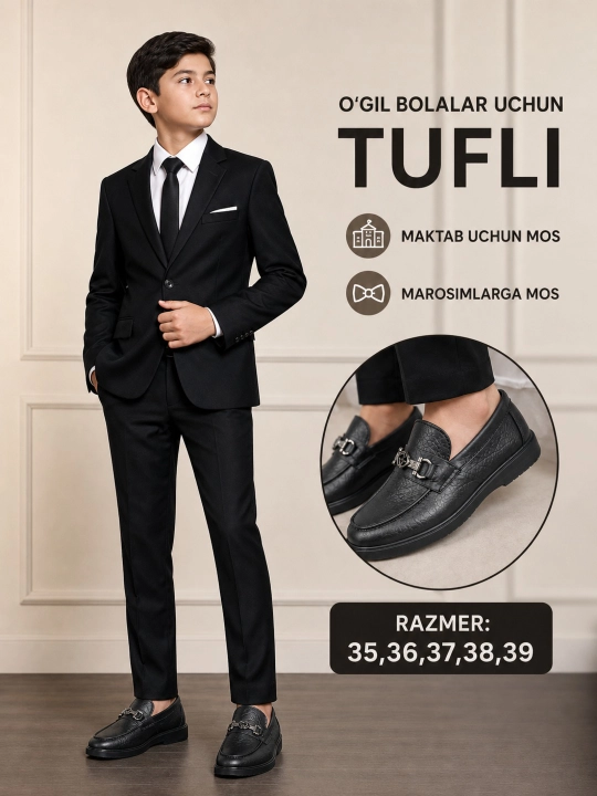 O‘g‘il bolalar uchun tufli, 33/34/35/36/37/38/39 o‘lchamda - 